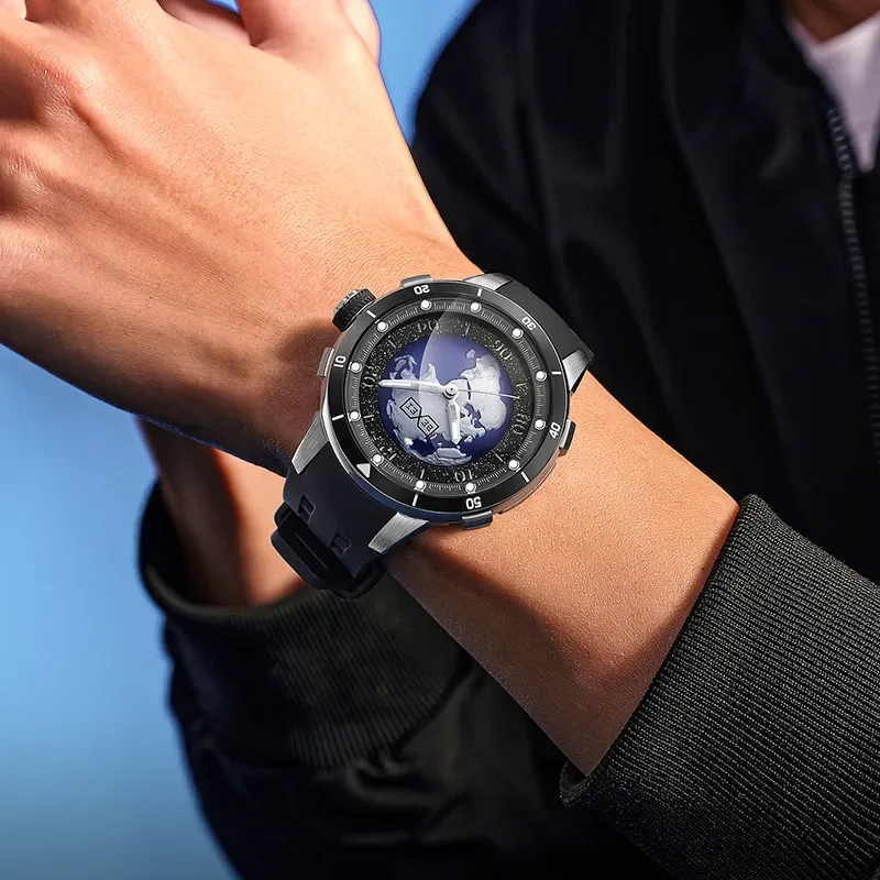 Bexei 9197 ساعة أوتوماتيكية للرجال مقاومة للماء ساعات ميكانيكية مضيئة ذاتية الرياح للرجال سلسلة كوكب أزرق ساعة يد من الياقوت #2