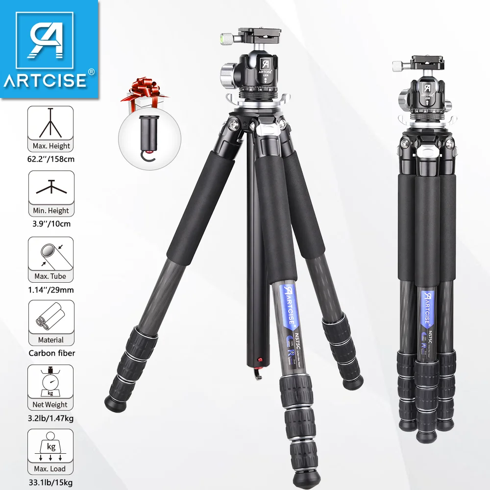 

ARTCISE NS75C Carbon Fiber Camera Compact Tripod,Lightweight Outdoor Travel Tripod Stand Outdoor for DSLR Camera, Max Load 15kg