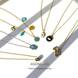 ASONSTEEL Boho Turkish Blue All-seeing Evil Eyes Pendant Necklace Gold Color Stainless Steel Women Men Aesthetic Choker Jewelry