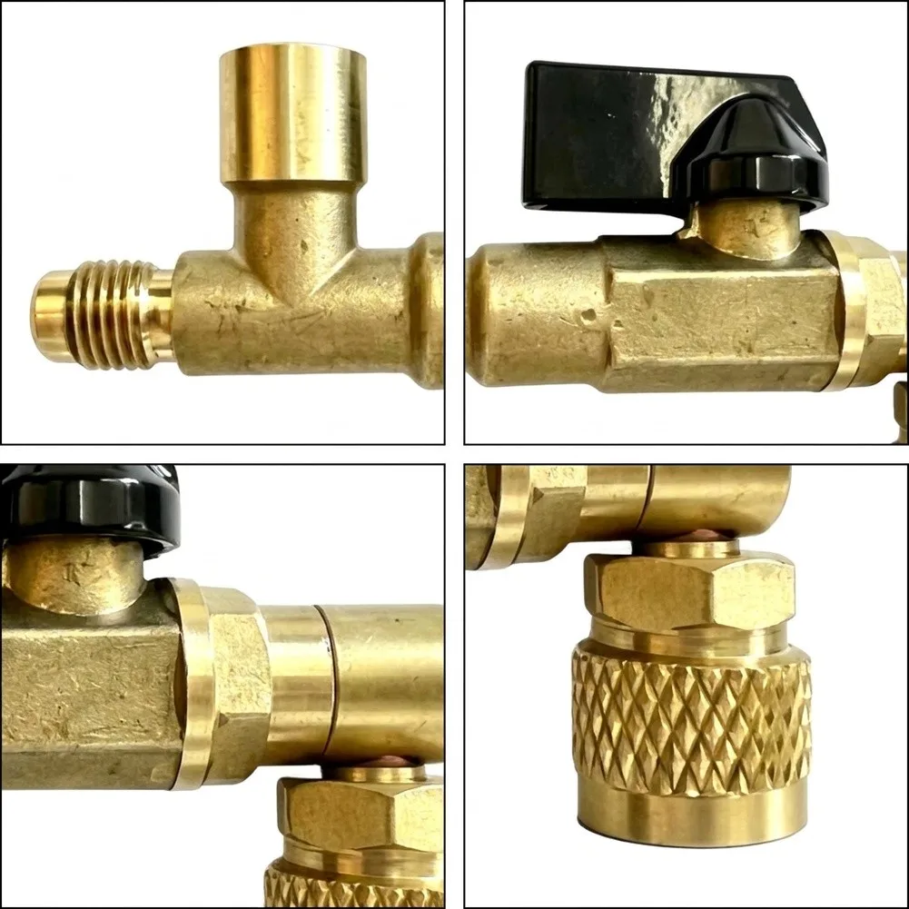 Three Way Brass Ball Valve Set for Refrigerant For Service with Gauge Adapter and Connector for HVAC Maintenance