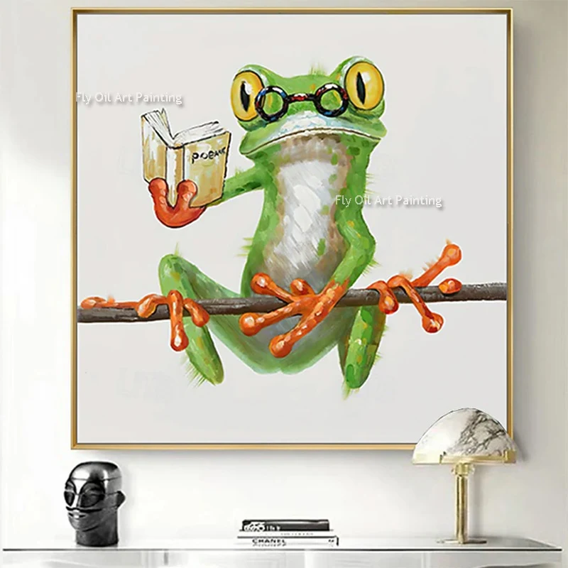 New Popular Hand Painted Black Green Frog With Suit Canvas Artwork For Bedroom Decor Simple Frog With Unbralle Oil Painting