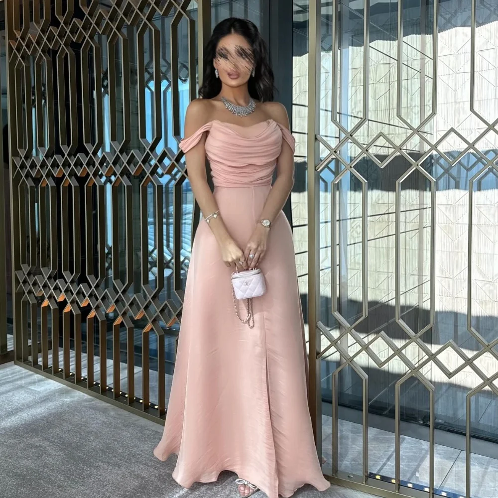 

Customized Organza Draped Pleat Ruched Engagement A-line Off-the-shoulder Bespoke Occasion Gown Long Dresses