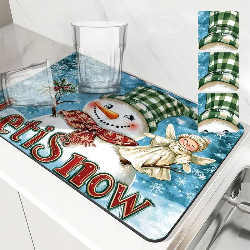 VIKAMA Christmas Dish Drying Mat Blue Snowman Green Plaid Hat Angel Let It Snow Sink Mat Kitchen Pad Happy New Year Home Decor