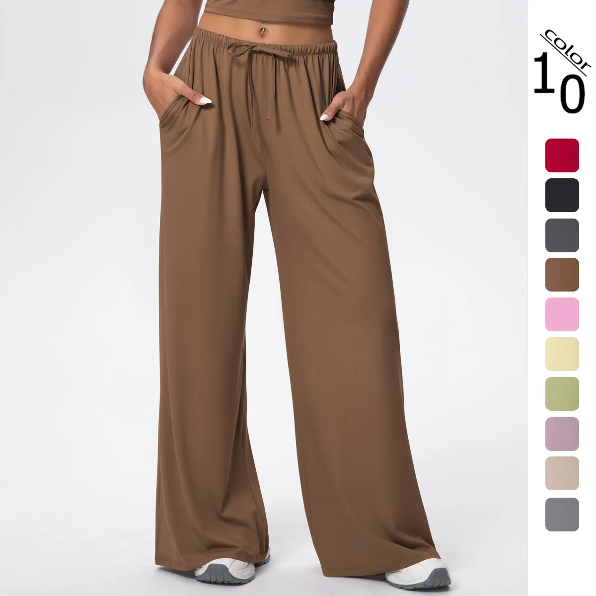 Woman Hanging Drawstring Pants Full Length Sports Drawstring Pockets Pants Solid Color High Stretch Slack Running Pencil Pants