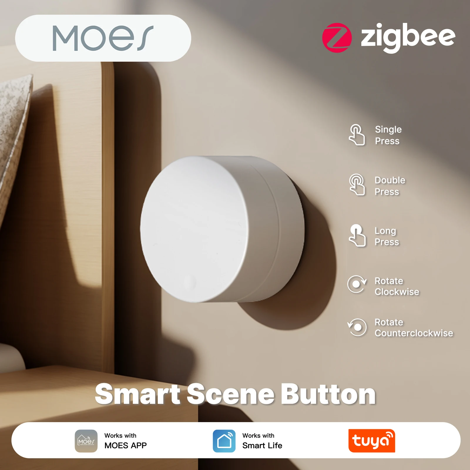 

MOES Tuya Zigbee Smart Scene Switch Rotary Button Wireless Remote Control Light RGB Dimmable Adjustable 5 Actions Home Scenarios
