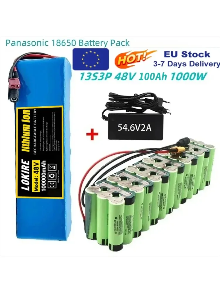 Nouveau Pack de batterie Lithium-Ion 48V 100Ah 2000W 13S3P DC/T adapté aux moteurs 48V avec BMS + chargeur 54.6V