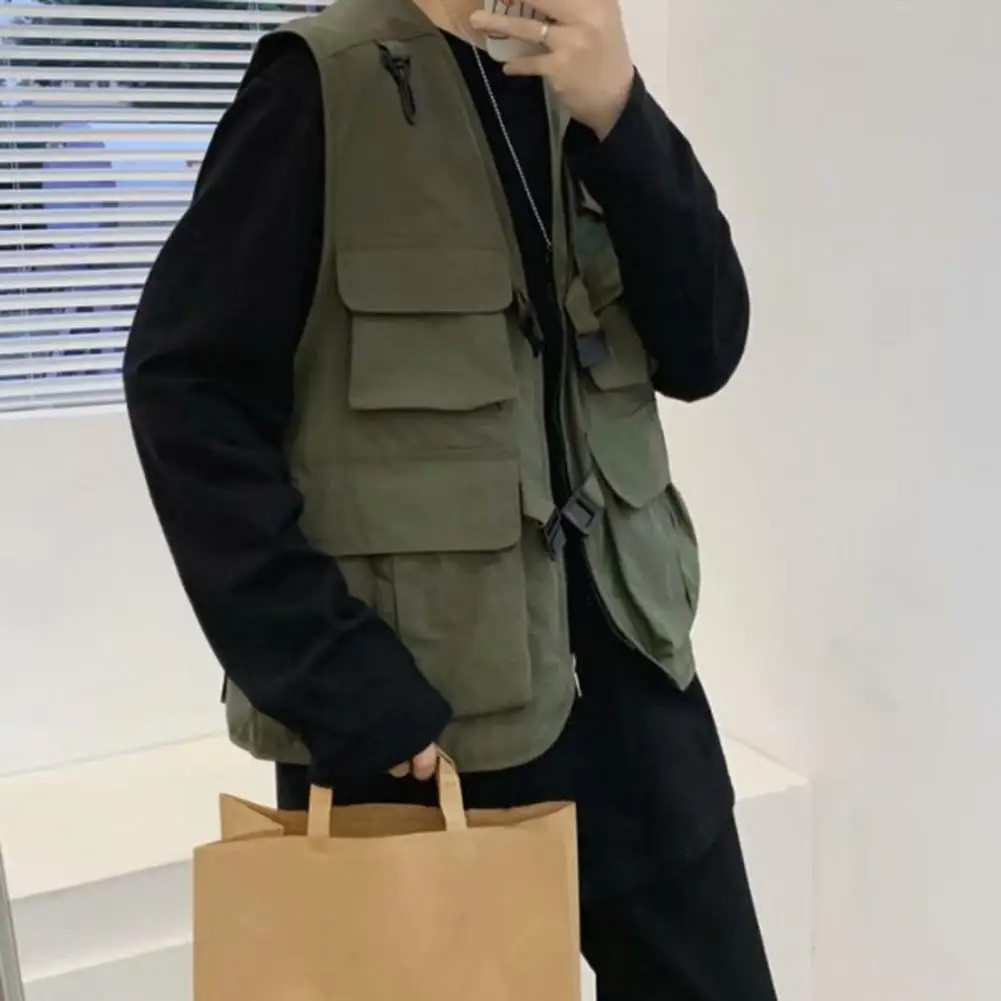 Men Vest Coat Multi-pocket Design Vest Men's Casual V-neck Sleeveless Cargo Vest with Multi Pockets Zipper Buckle for Autumn