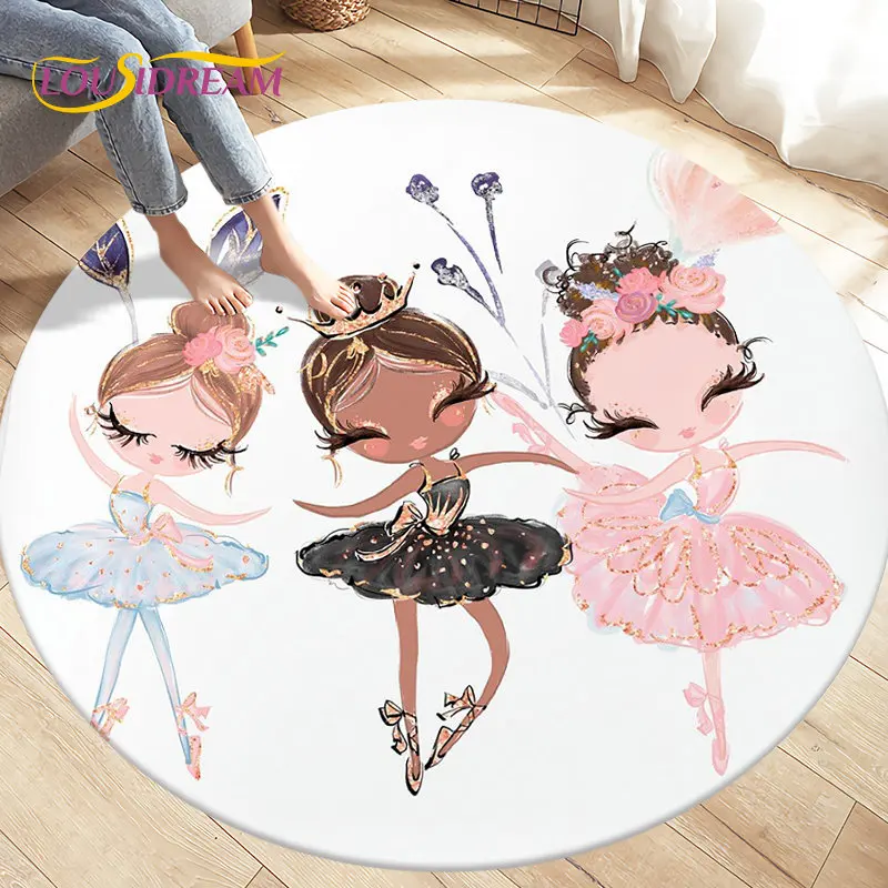 Tapis rond de bande dessinée de fille de ballet mignonne, décor de salle de jeux de sofa, salon et chambre à coucher d\'enfants, polymères de