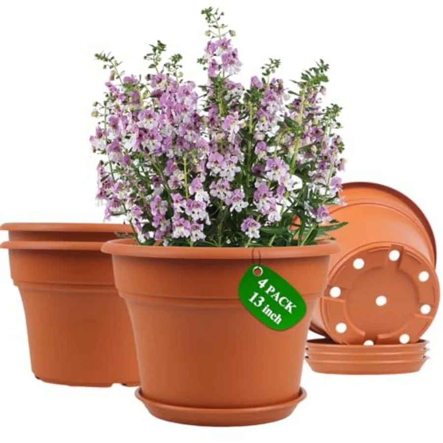 

13 Inch Plastic-Flower-Pot-for-Indoor-Plants, 4 Pack Large Outdoor Planter Pot with Drainage Holes and Saucers, Resin Decorativ