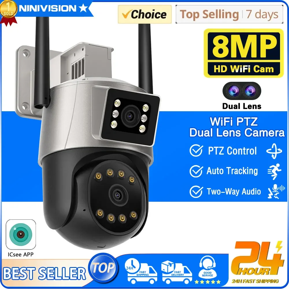 

8MP 4K Dual Lens PTZ IP Camera with Dual Screen 4MP Ai Human Detection Auto Tracking Wireless Outdoor Surveillance Camera iCSee