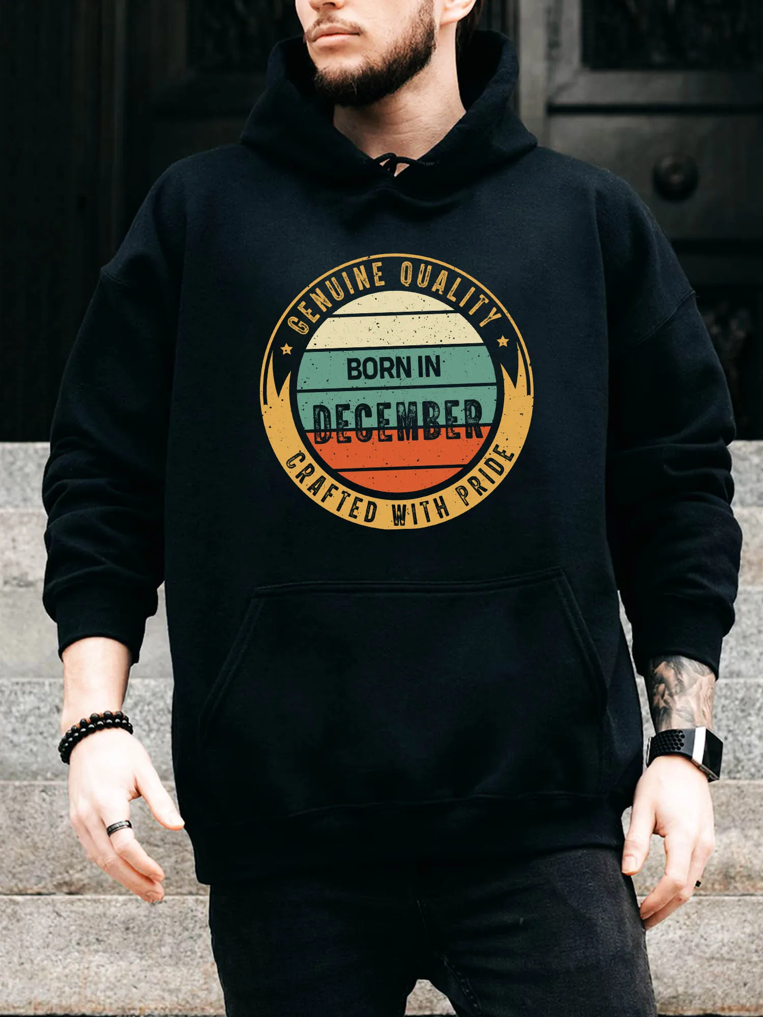 

Retro Born in December Men's Drawstring Hoodie - Casual Comfortable Black Pullover, Fall & Winter Hooded Sweatshirt