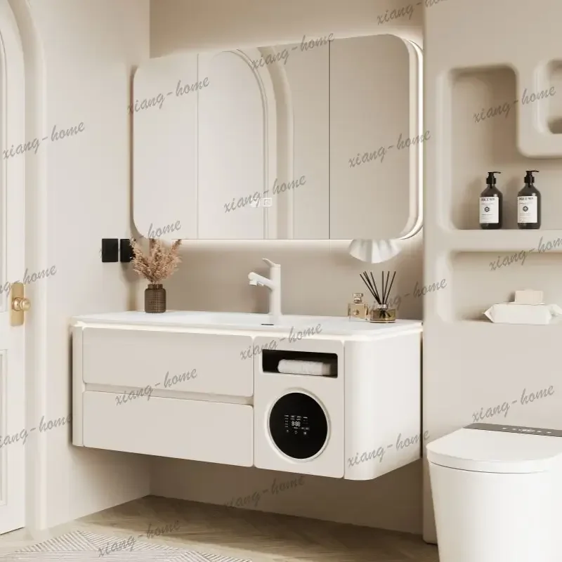 LD Nordic Minimalist Bathroom Vanity Set Modern Cream Style Integrated Wash Basin Mirror Cabinets Oak Bathroom Furniture