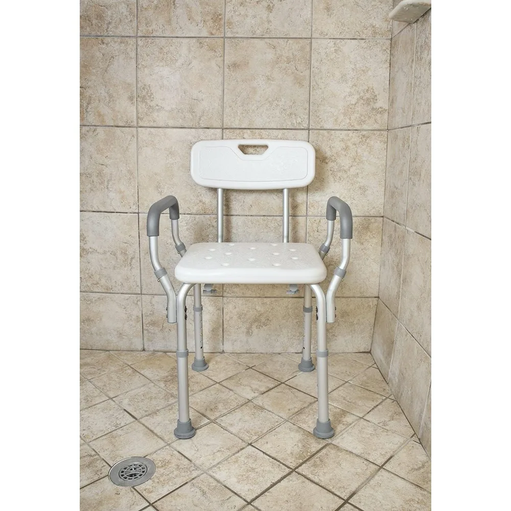 Height Adjustable Shower and Bath Bench with Padded Arms, Contoured Back and Textured Shower Chair Seat- for The Bath and Shower