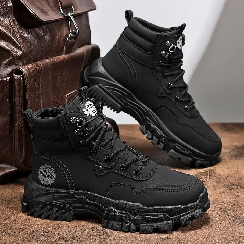 

Осень-зима Новые мужские молодежные высокие походные ботинки на шнуровке Строительная работа Спорт на открытом воздухе Нескользящая толстая подошва Износостойкая