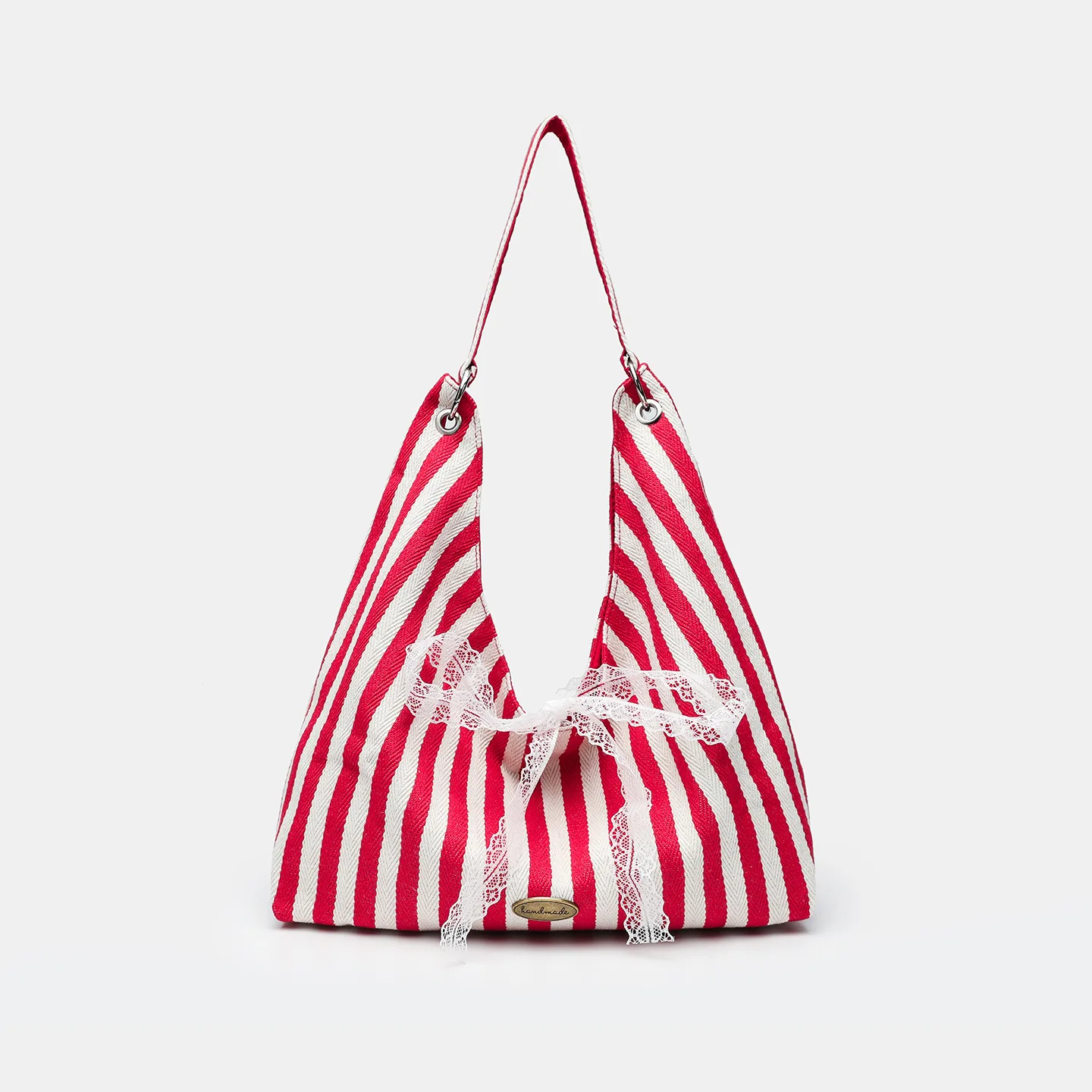 

NEW Red & White Striped Canvas Bag, Lace Decor, Casual Tote for Daily/Travel, Stylish Shoulder Bag