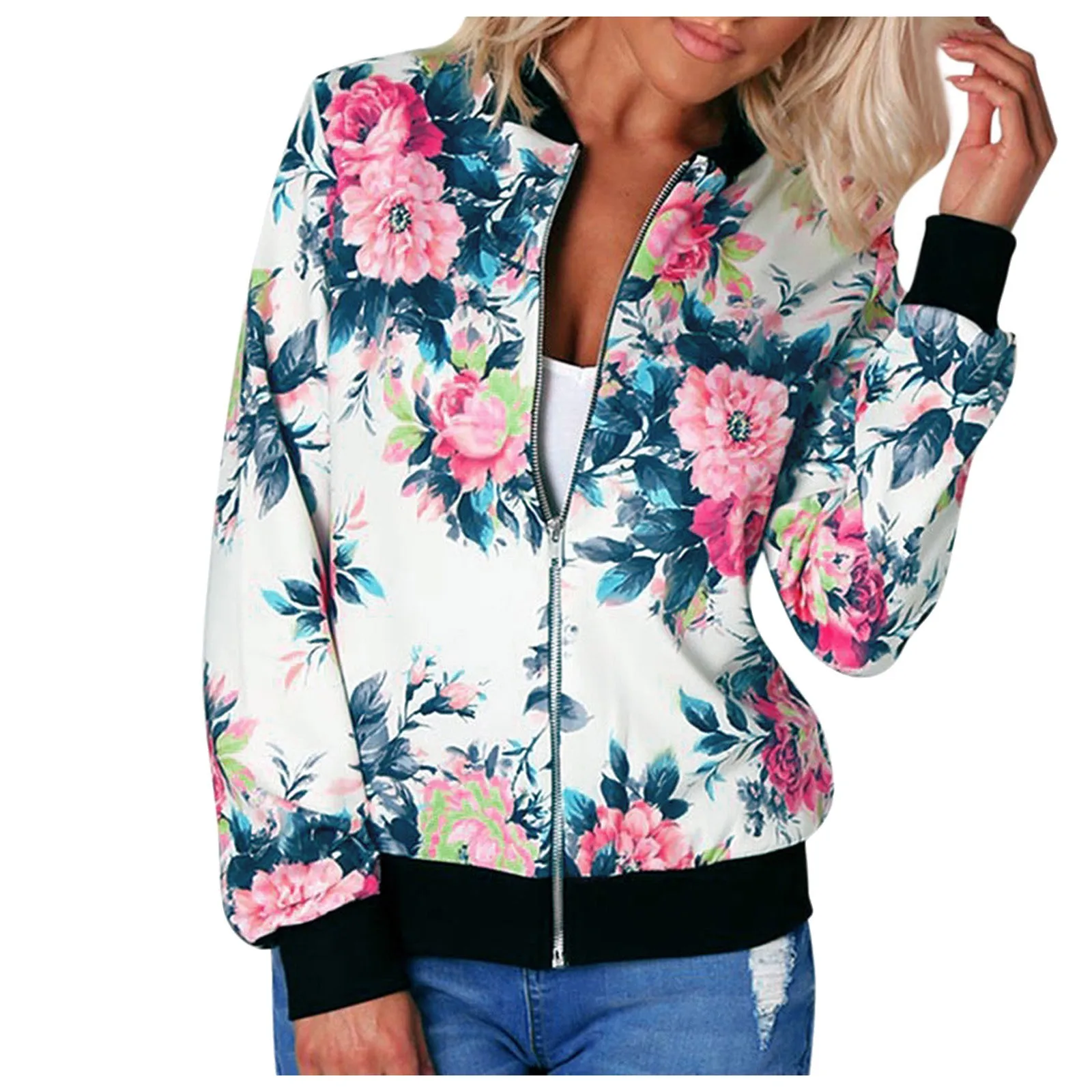 

Women Jacket Coat Floral Printed Blouse Loose Sweatshirt Hatless Long Sleeve Zipper Track Suit Baseball Sports Jacket Autumn