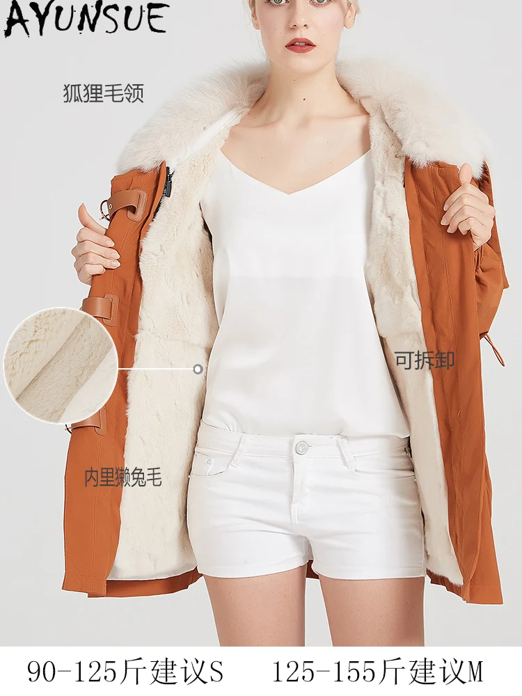 Płaszcz z futra królika Rex AYUNSUE 2025, parka z prawdziwego futra, damska odzież zimowa, ciepła, z kołnierzem z futra lisa, płaszcze damskie średniej długości, Пальто Женское