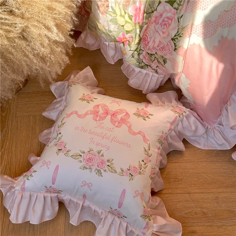 Square Pillow with Core Pink Rose Bowknot Sofa Cushion Girl\'s Lace Cushion Cotton Decorative Pillow for Bedroom and Living Room