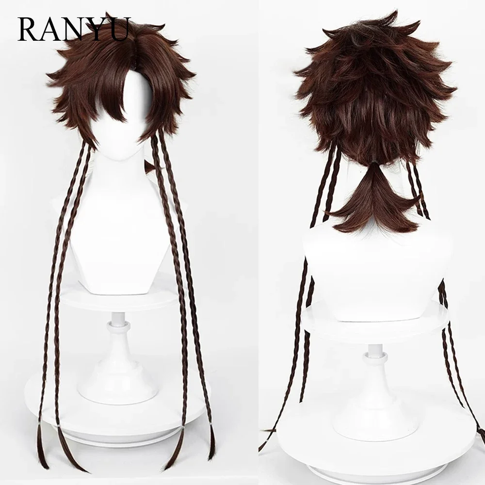 Men Brown Long Short Straight Wig Mullet Jellyfish Head Braid Synthetic Anime Cosplay Hair Wig For Daily Party