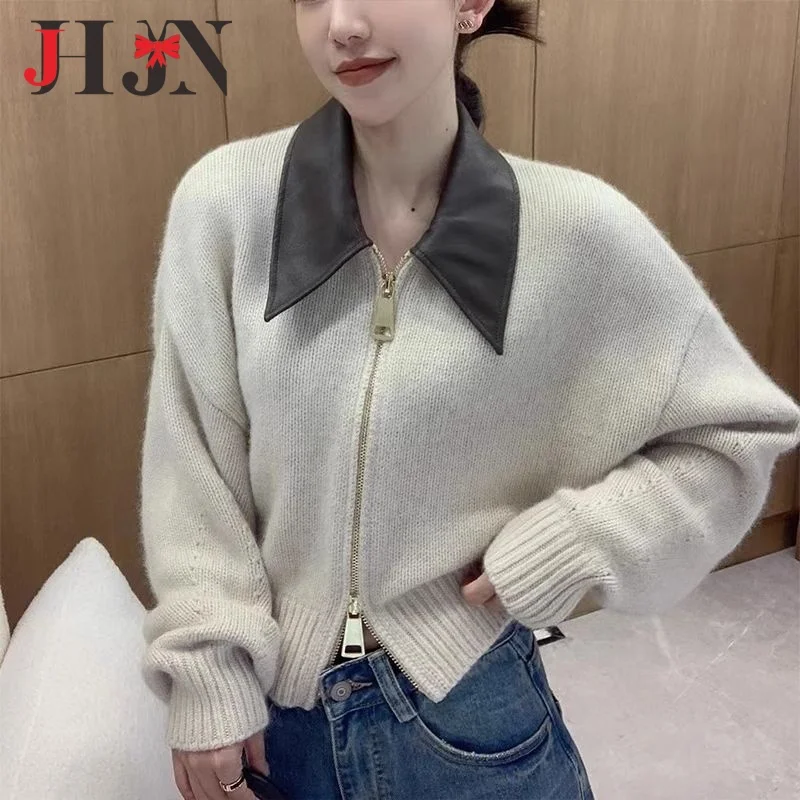 Autumn Women Cardigan New Style Solid Color Sweater Double Headed Zipper Knitting Tops Pu Polo Collar Outerwear Short Slim Coat