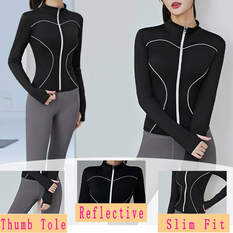 PofyBofy Fleeced Reflective Stripe Zipper Thumb Hole Stretchy Slim Fit Women Long Sleeve Jacket Fitness Yoga Running Warm Coat