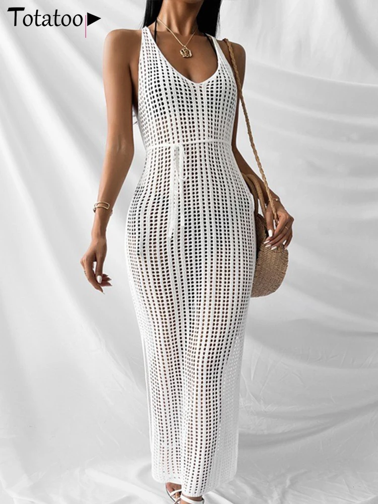 Women's Sexy Crochet Knitted Cover Up Dress Hollow Out Bikini Swimsuit Swimwear Side Split Long Beach Dress Summer New 2026