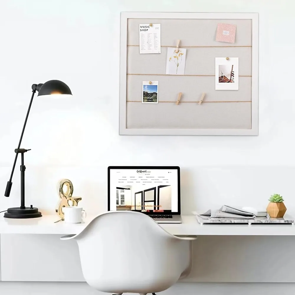 لوحة إعلانات كبيرة من الكتان الأبيض الريفي مقاس 28 × 32 بوصة بإطار خشبي مع مشابك للفصول الدراسية للمكتب المنزلي