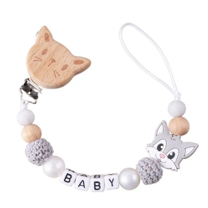 Neue personalisierte Baby Schnuller Clip Buche Holz Tier Clip Benutzerdefinierte Name Beißring Schnuller Anti-Drop Molaren Kette Baby Spielzeug