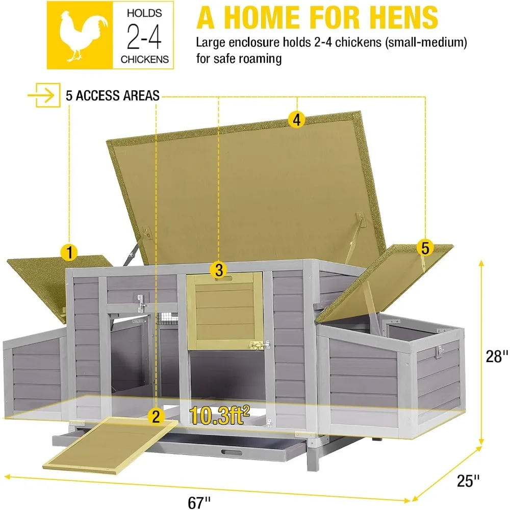 حظيرة الدجاج 67.3 بوصة بيت البط الكبير مع 4 صناديق التعشيش لـ 2-4 دجاج بيت الدجاجة في الهواء الطلق قفص الدجاج