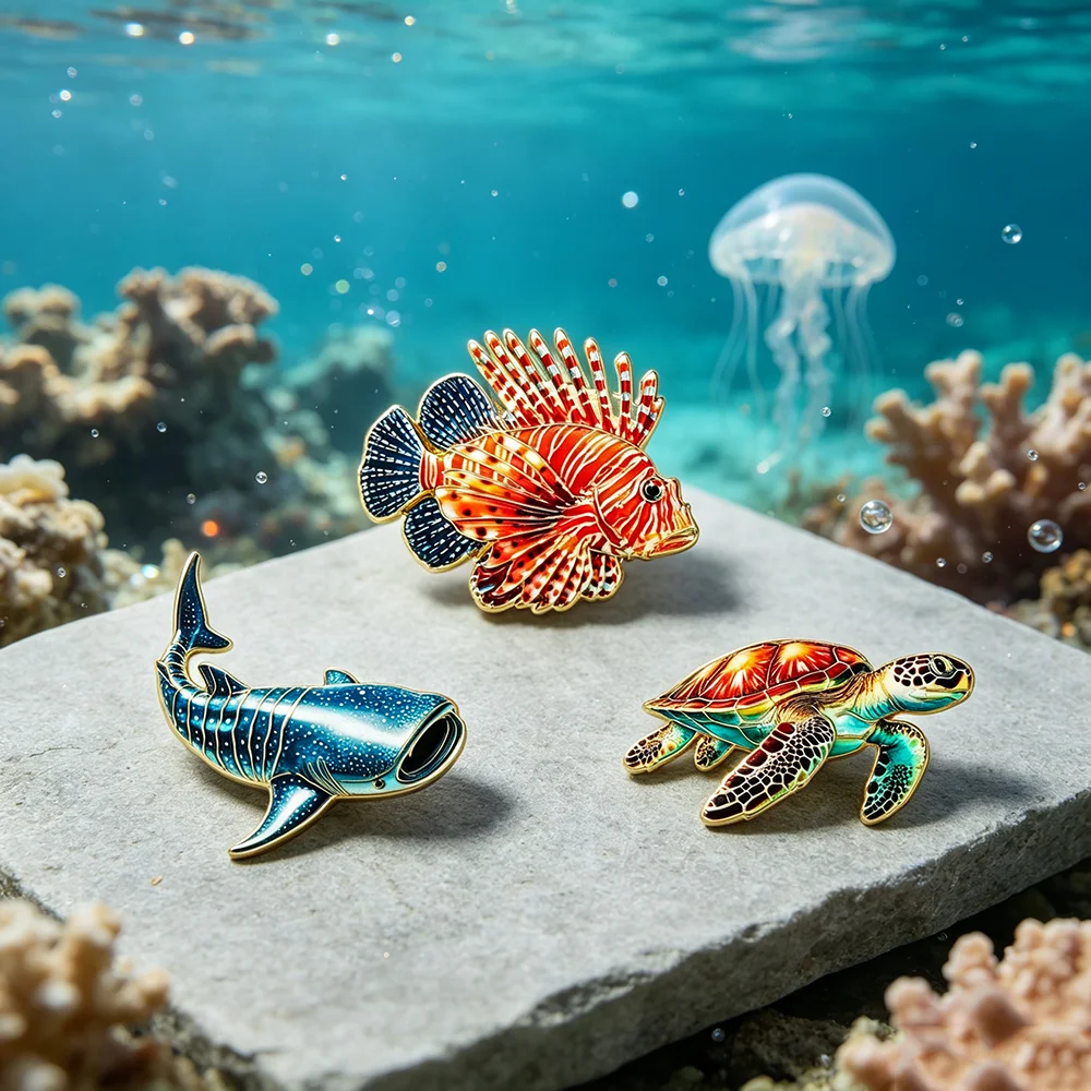 3Pcs Ocean Marine Life Hard Enamel Pin Set, Whale Shark, Lionfish Sea Turtle Lapel Brooch, Gold Plated Metal Badge for Backpack
