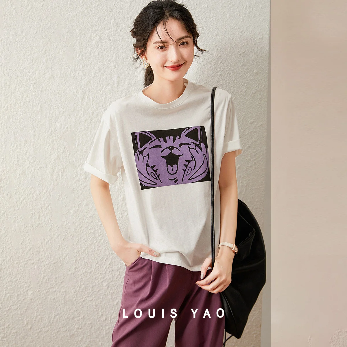 

LOUIS YAO Fashion Printed Pattern Short Sleeve T-shirt 2025 Summer New Casual Loose Round Neck Hooded Women's T-shirt