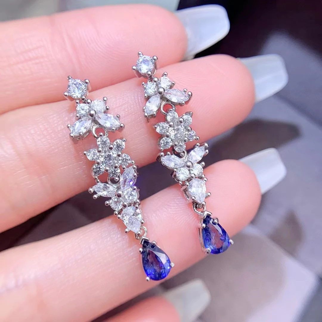 

Royal Blue Sapphire Earrings for Wedding 4mm*6mm Total 0.7ct Natural Sapphire 925 Silver Earrings with 3 Layers 18K Gold Plated