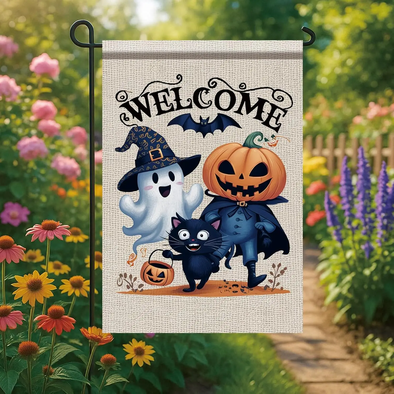 Halloween Garden Flag Welcome Ghost Pumpkin Cat Flag 12x18 Inch Double Sided Outdoor for Trick or Treat Spooky Yard Decor Sm yyi