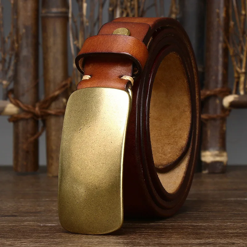 

3.3CM wide thickened top layer cowhide belt men's genuine leather smooth copper buckle belt Korean version buckle retro all-matc