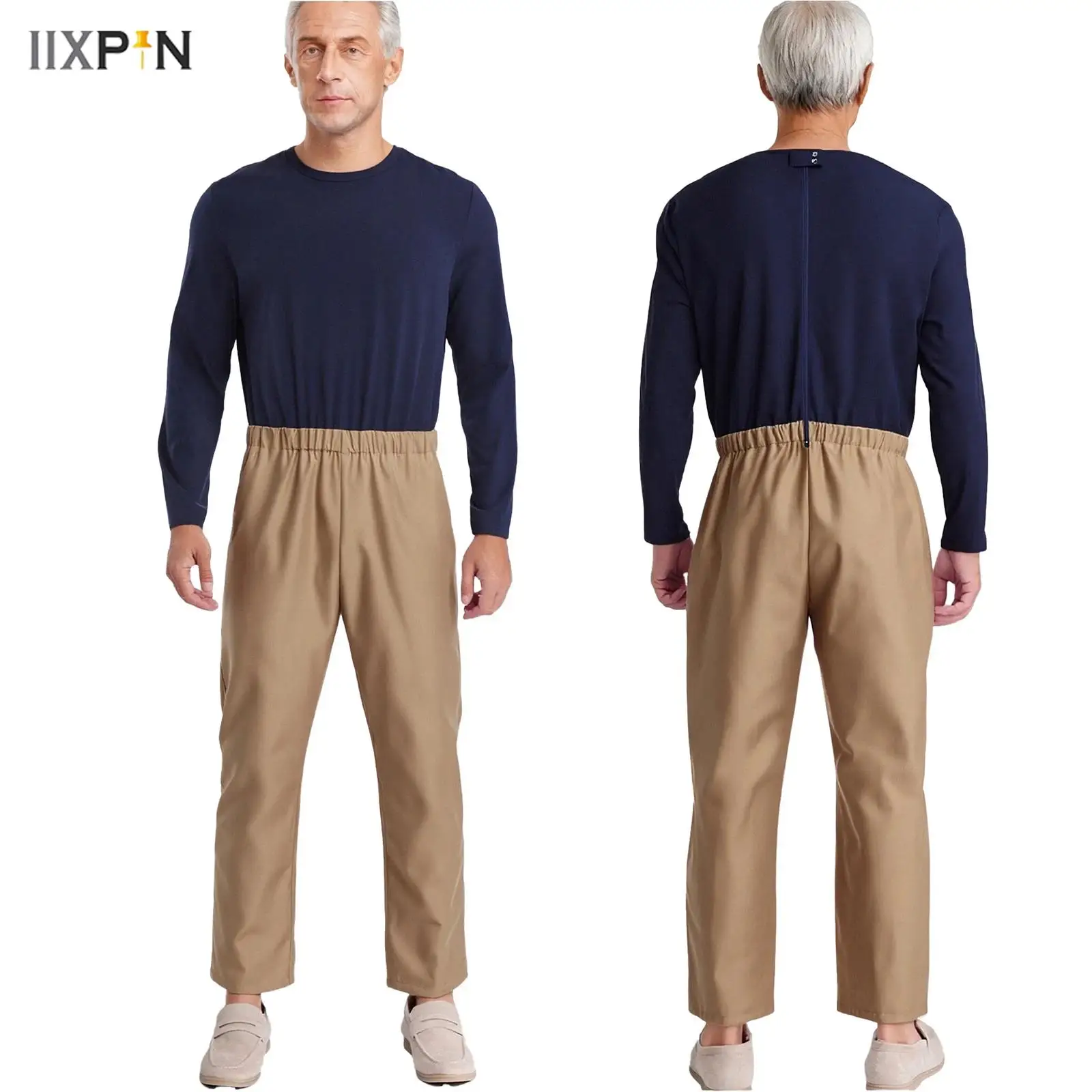 

Mens Alzheimer Special Needs Adaptive Clothing Round Neck Long Sleeve Elastic Waist Back Zipper Color Block Jumpsuit Bodysuit