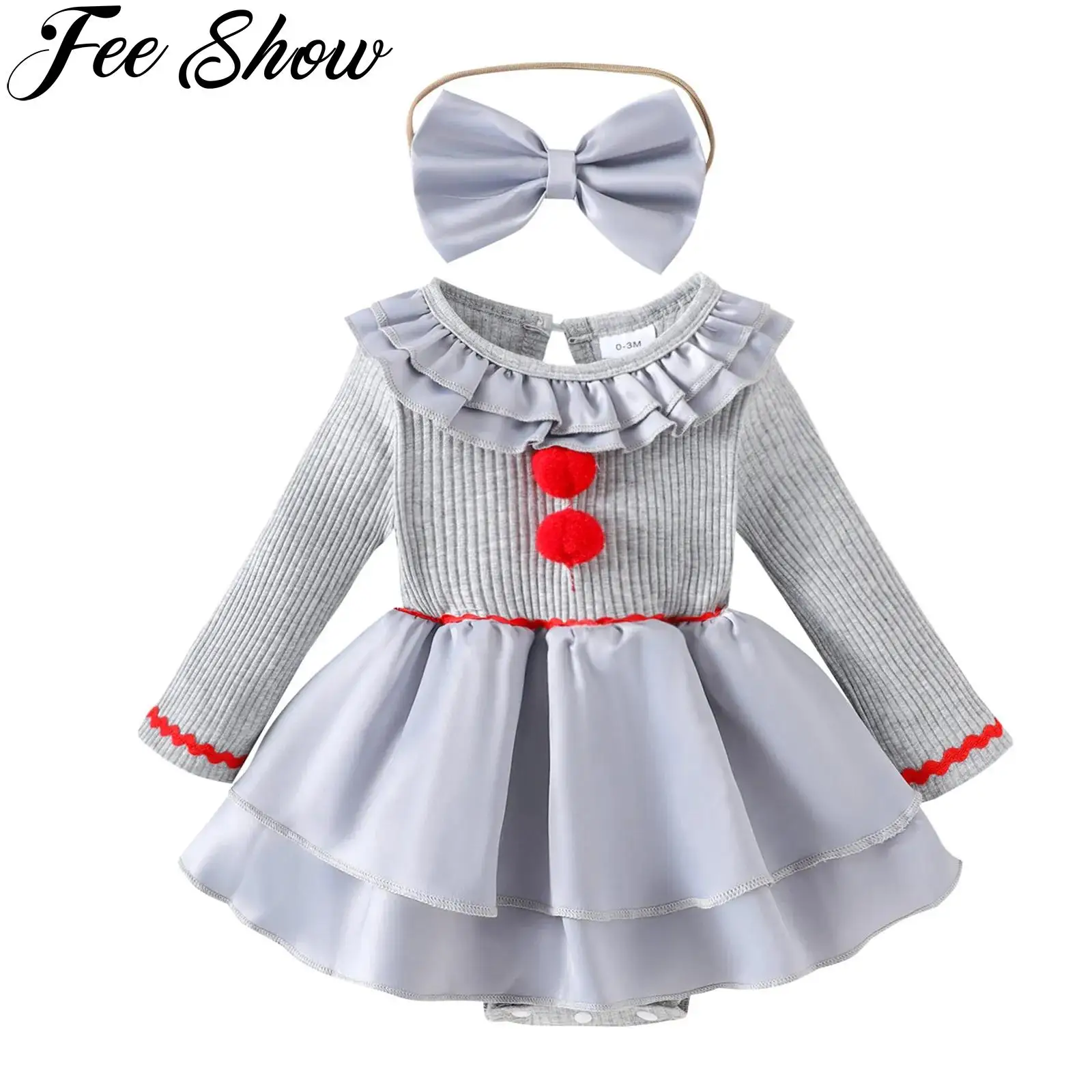 

Baby Girl Halloween Creepy Clown Cosplay Costume Long Sleeve Layered Ruffled Gray Joker Dress Romper for Theme Party Photo Shoot