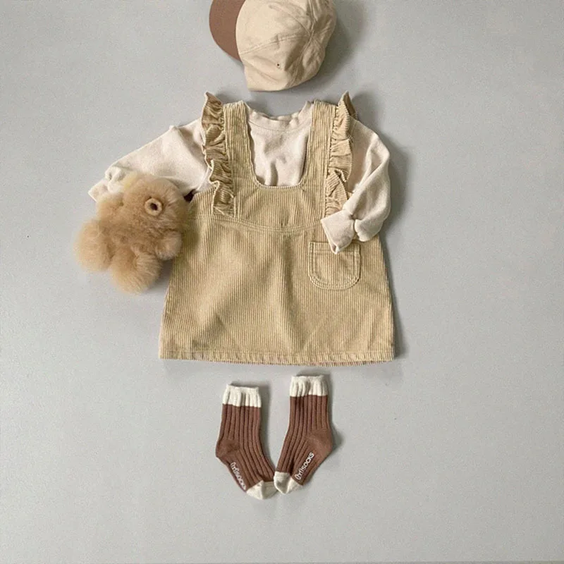 2024 New Spring Clothes Baby Sleeveless Corduroy Suspenders Dresses Fashion Girl Infant Cotton Ruffle Pocket Casual Denim Dress