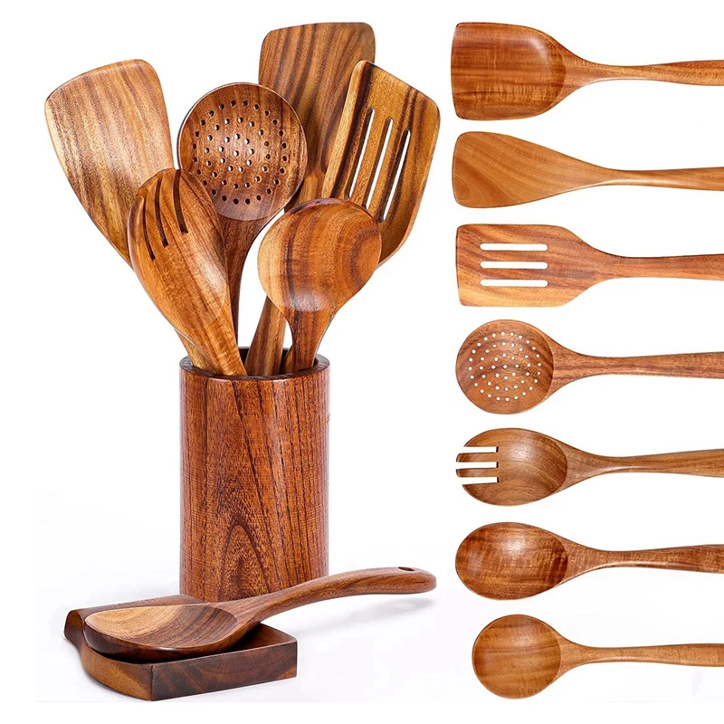 

9 PCS Wooden Spoons for Cooking, Wooden Utensils for Cooking with Utensils Holder, Teak Wooden Kitchen Utensils Set CNIM Hot