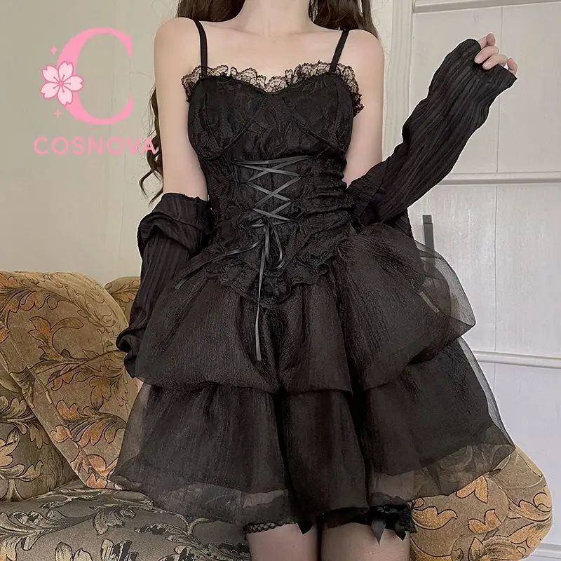 Gothic Lolita Black Lace Corset Dress Spaghetti Strap Mini Dress Ruffle Layered Skirt Lace Gloves Dark Princess Party Outfit New