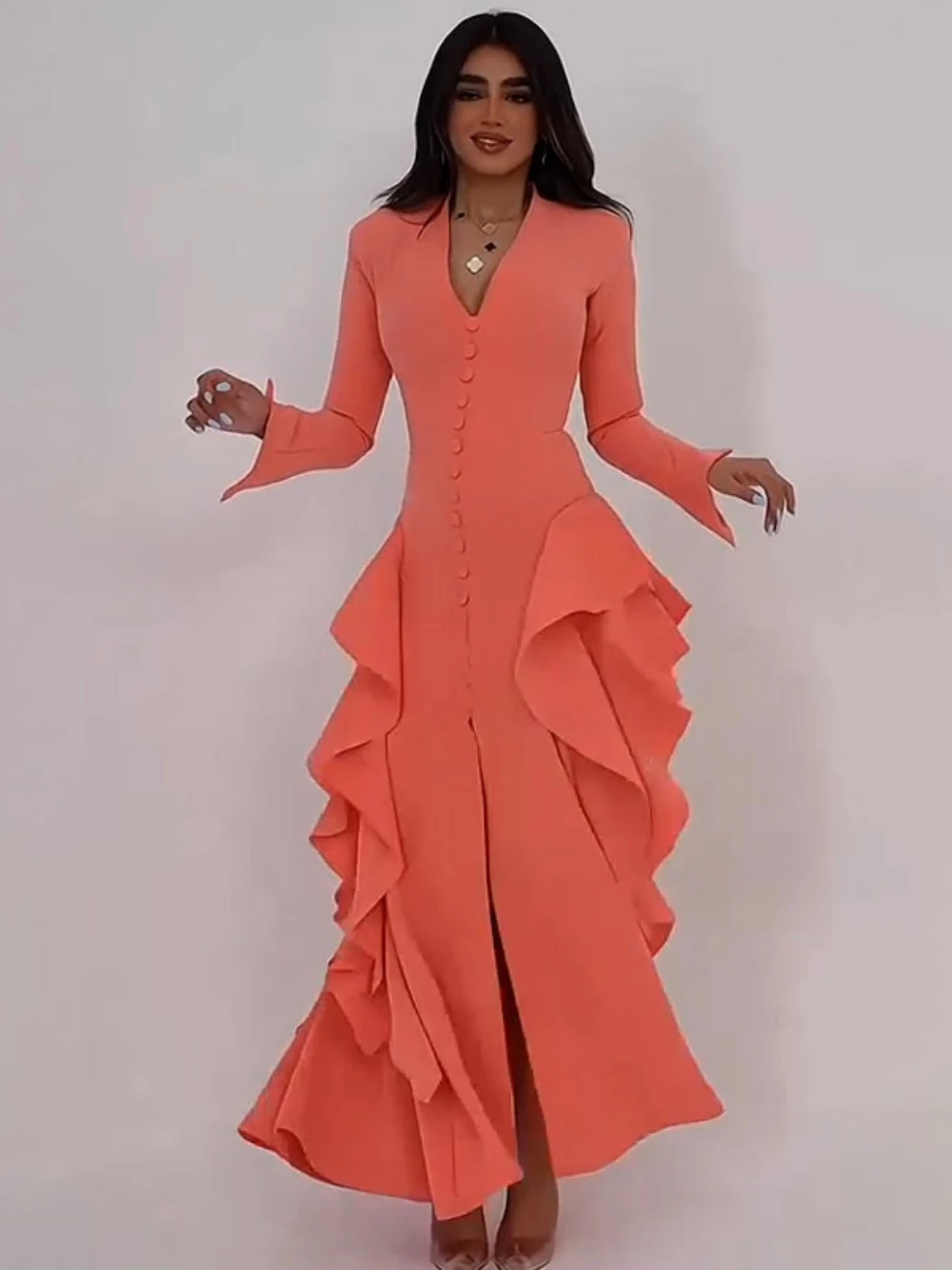 Elegant Ruffles V Neck Evening Dress For Women S-2XL Daily Party Long Sleeves Wear In Stock Modern Cocktail Gown With Slit