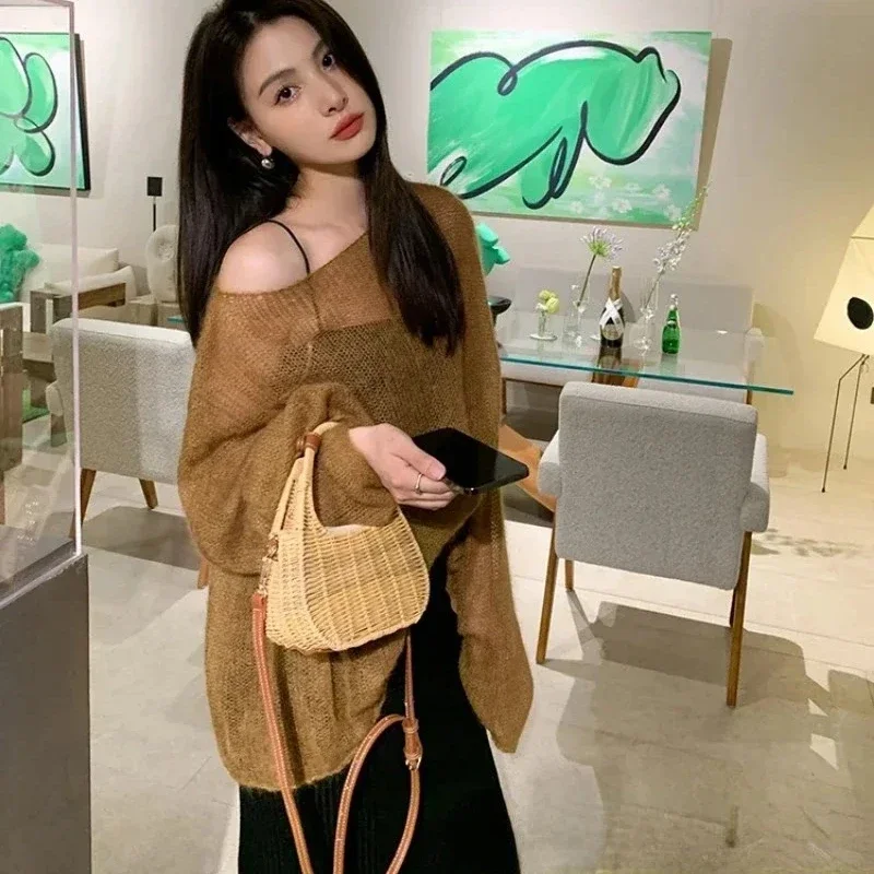 Women Loose Oversized Pullover Solid Color Mohair Sweater Sexy Off Shoulder Hollow Knit See Through Harajuku Long Sleeve Sweater