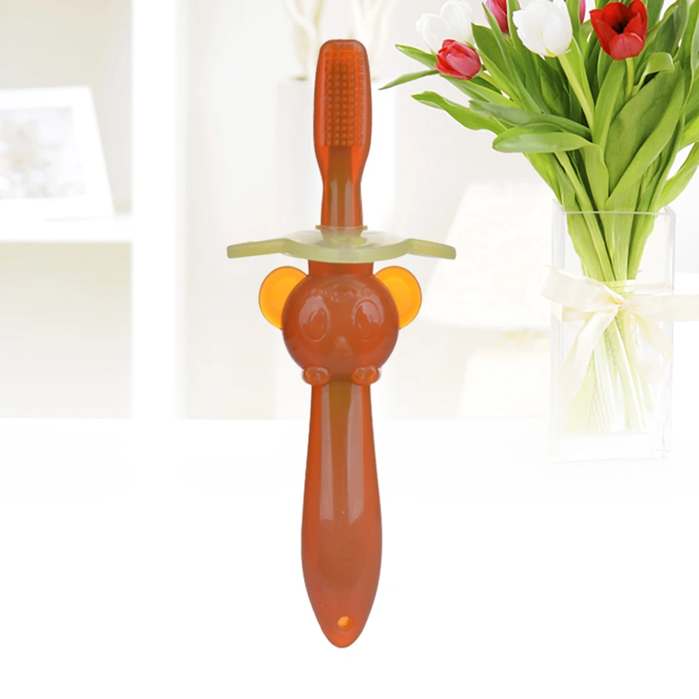 

2Pcs Kids Toothbrush Wide Board Safety Design Cartoon Pattern Silicone Teether for Infants Light Brown Dark Brown