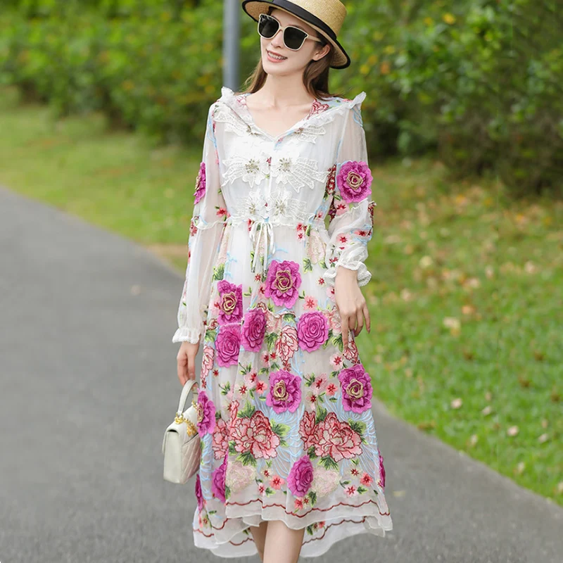 Summer New High-end Three-Dimensional Embroidered Flower Silk Hooded Long Sleeve Elegant Loose Mid-Length Fairy Dress One Size