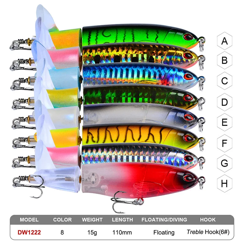 8 Pcs Set 11cm/14.5cm Topwater Fishing Lure Whopper Popper Bait Hard Plopper Soft Rotating Tail Fishing Tackle Fishing Bait Kit