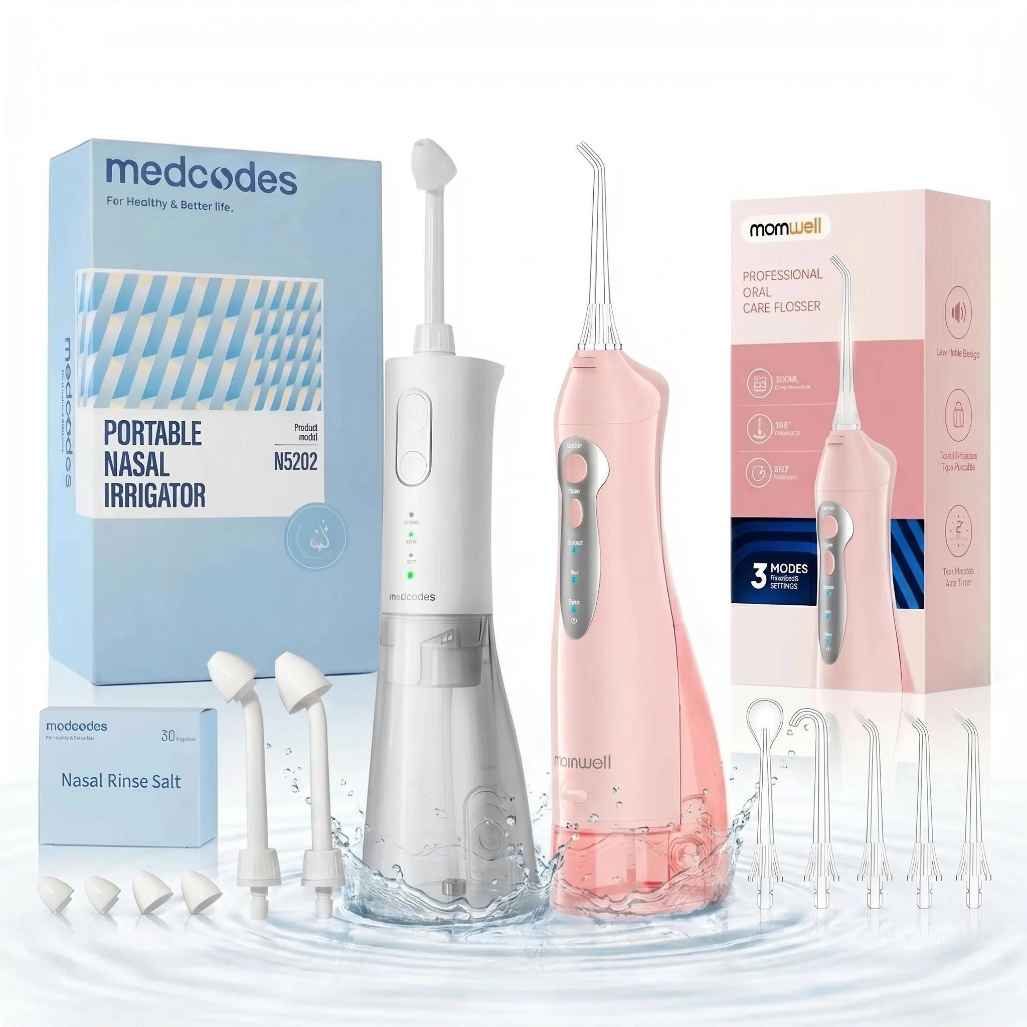 Nasal Irrigation System Premium Bundle with Water Flosser Combo, Congestion Relief, 30 Seconds Sinus Cleaner w/ 30 SaltPods