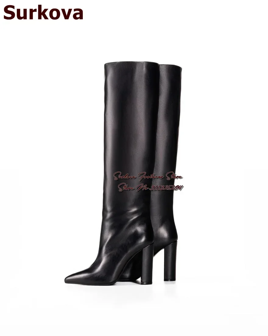 Surkova Nude White Matte Leather Chunky Heel Knee Boots Simple Model Pointed Toe Block Heels Tall Boots Fall Winter Dress Shos