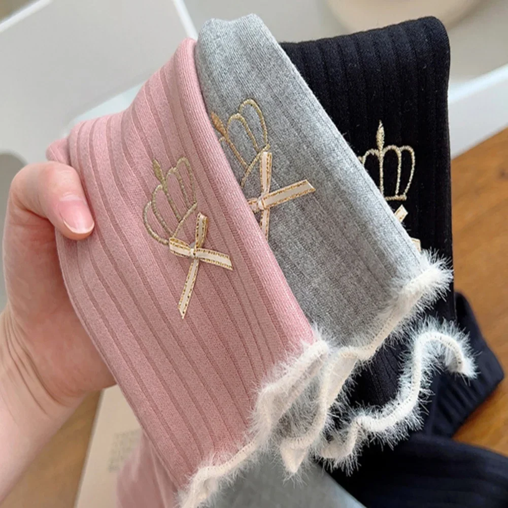 أطفال بنات طماق الشتاء الأطفال زائد المخملية السراويل الدافئة سميكة صوف الضأن السراويل المطرزة تاج القوس السراويل