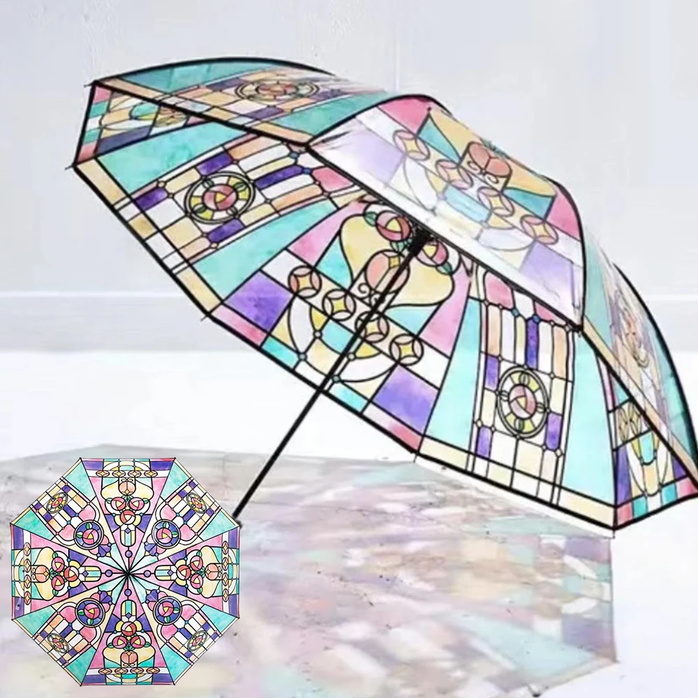 

Ретро-зонт из прозрачного стекла с художественной росписью, двойным куполом, ветрозащитный, с прямой ручкой, модный зонт