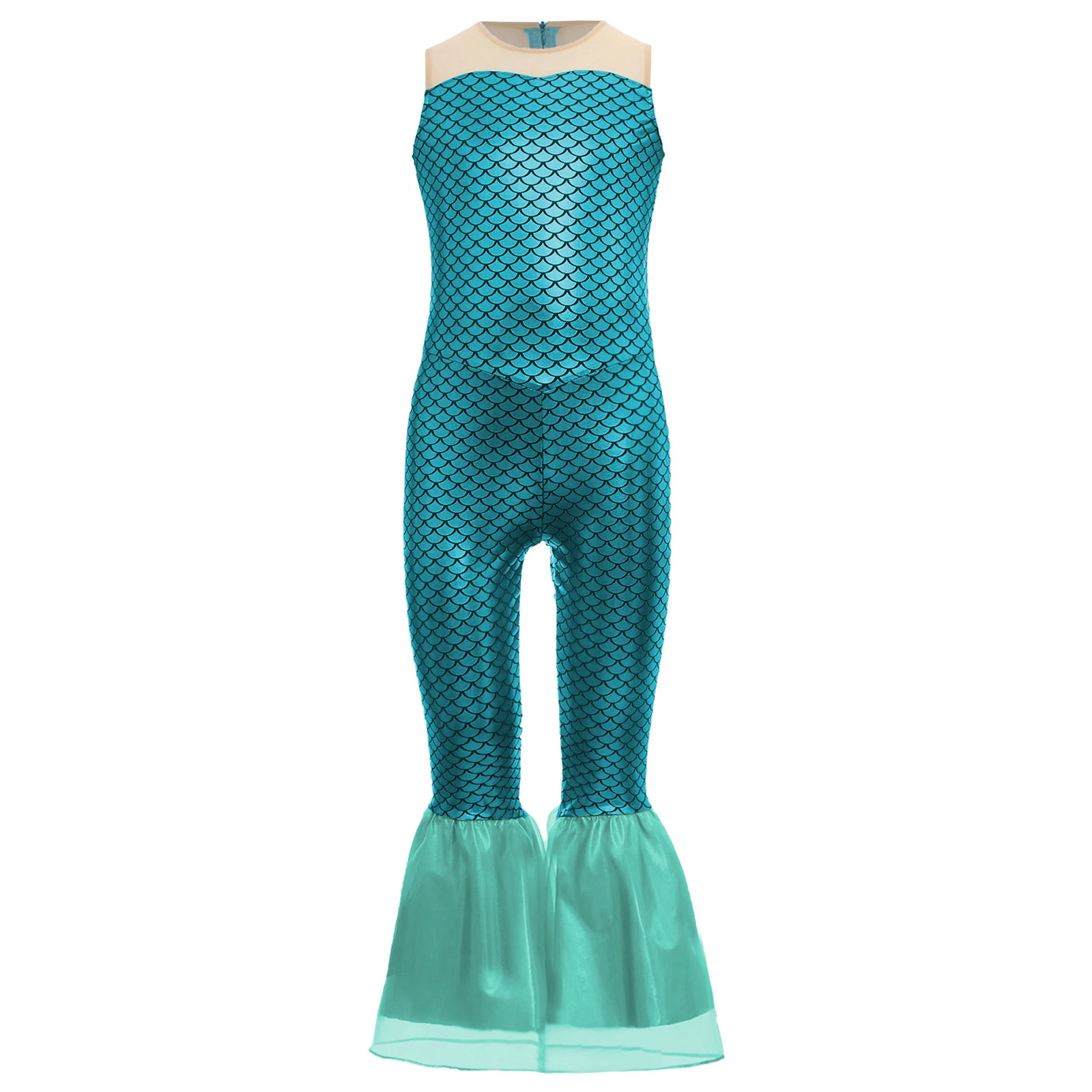 Kids Girls Flared Mermaid Jumpsuit Cosplay Costume Princess Fish Scales Print Jumpsuits Carnival Festival Party Dress-up Costume