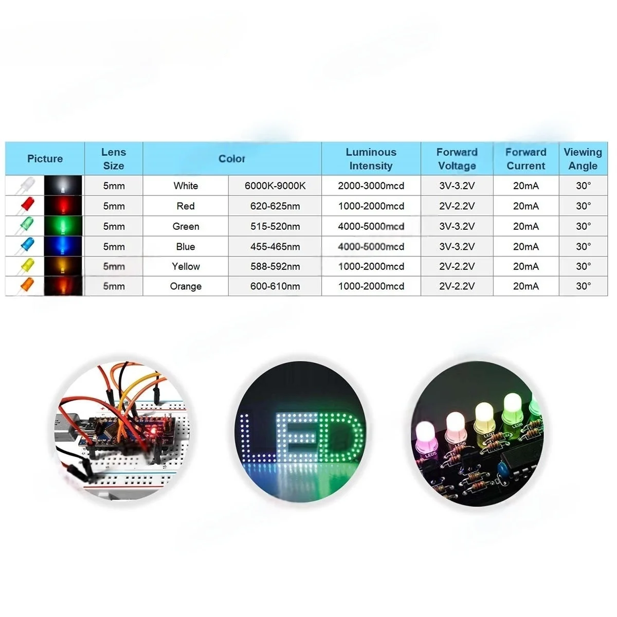 منتشر 5 مللي متر عدسة ليد ثنائية عدة أبيض أحمر أخضر أزرق أصفر برتقالي 2 فولت 3 فولت لمبة انبعاث الضوء تشكيلة مجموعة لتقوم بها بنفسك اردوينو Pcb الدائرة #3